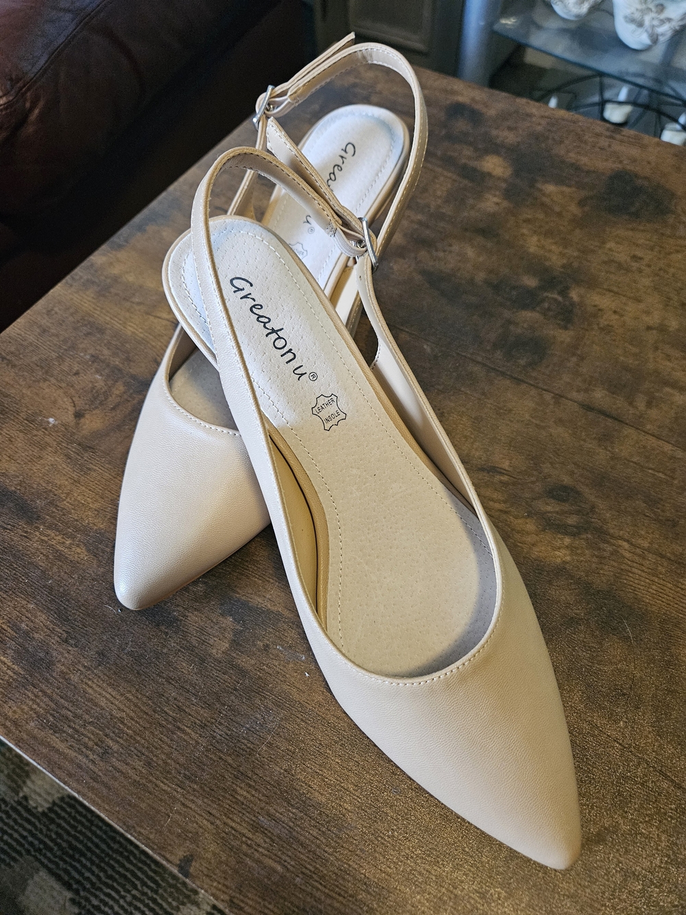Greatonu Cream Pointed-Toe Slingback Flats
